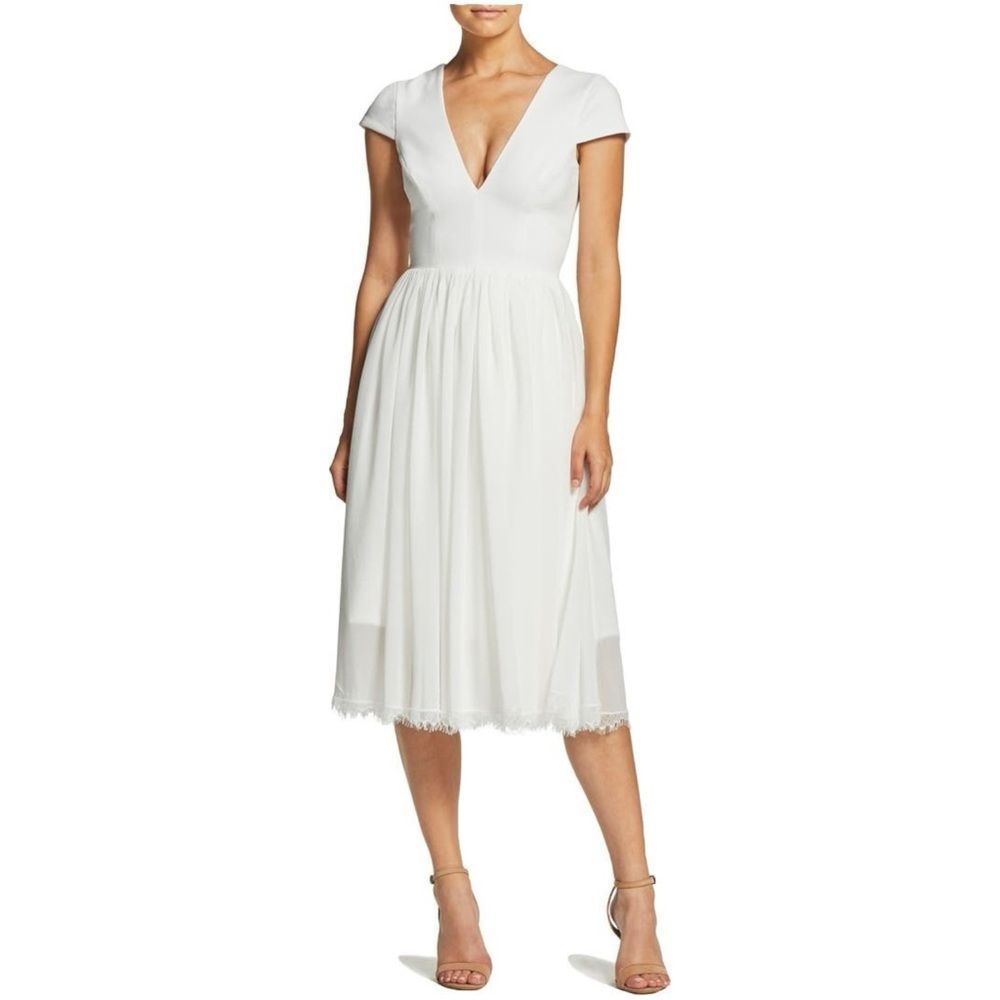 NWT Dress the Population Corey Chiffon Fit & Flare Midi Dress Off White Large